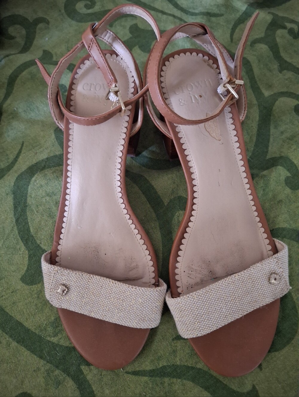 crown & ivy Tan Ankle-Strap Sandals with Cream Beaded Front